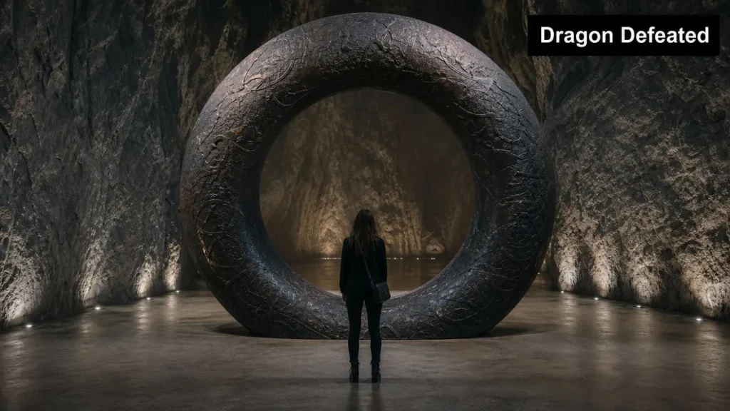 Achievements in Minecraft Person standing before a giant circular stone ring inside a cavern, with a “Dragon Defeated” title banner.
