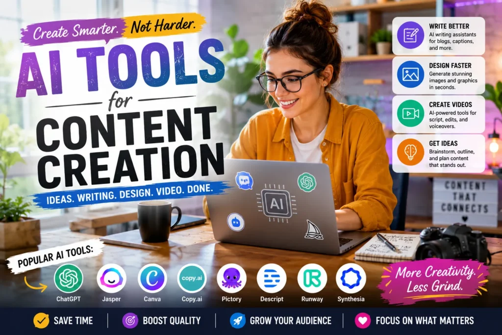 Content creator using AI tools on a laptop, showcasing writing, design, video creation, and productivity workflows.