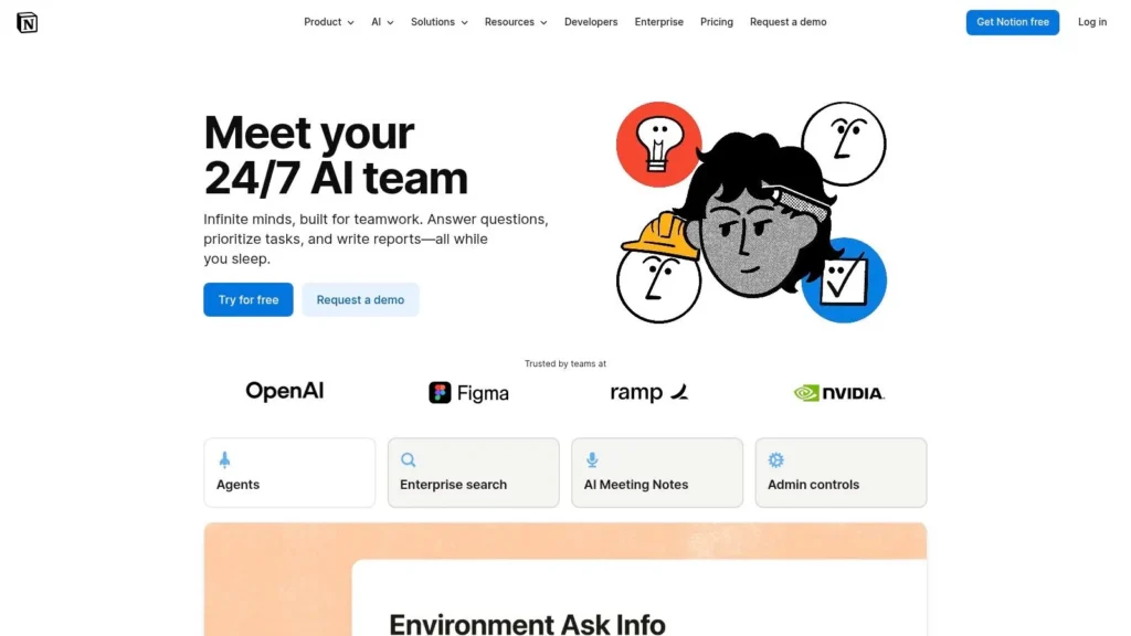 10 Best AI Tools for Content Creation for 2026 Notion homepage promoting a 24/7 AI team for task management, search, meeting notes, and workplace productivity.