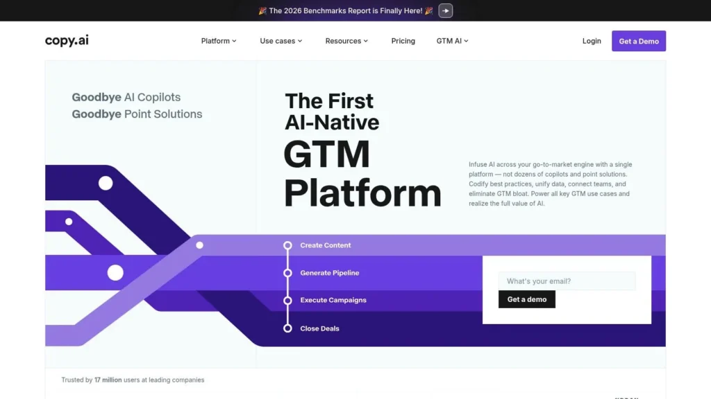 10 Best AI Tools for Content Creation for 2026 Copy.ai homepage showcasing an AI-native GTM platform for content creation, campaigns, sales pipeline, and deal management.