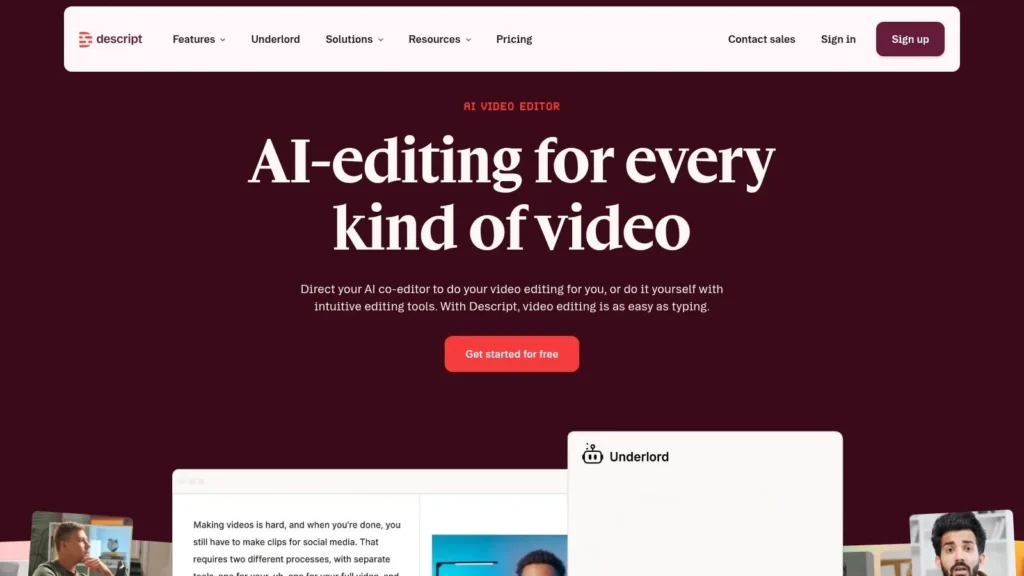 10 Best AI Tools for Content Creation for 2026 Descript homepage promoting AI-powered video editing tools, automated editing, and content creation workflows.