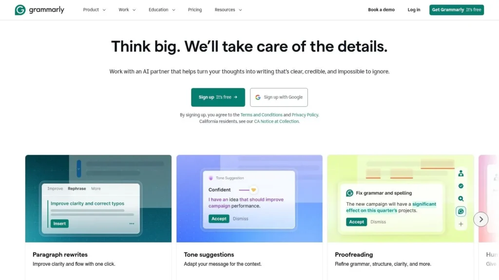 10 Best AI Tools for Content Creation for 2026 Grammarly homepage highlighting AI writing assistance, tone suggestions, proofreading, and paragraph rewriting tools.