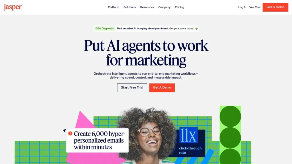 10 Best AI Tools for Content Creation for 2026 Jasper AI homepage promoting marketing automation with AI agents, free trial options, and personalized email creation.