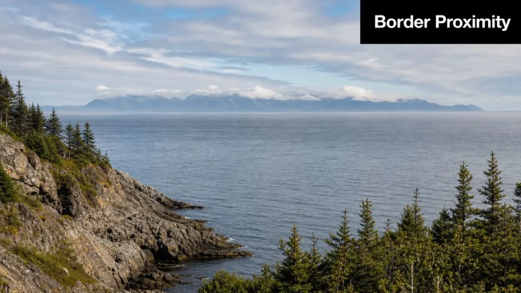 Alaska to Russia: A 2026 Guide to the Bering Strait Border Rocky, forested coastline overlooking calm water with distant mountains, illustrating border proximity.