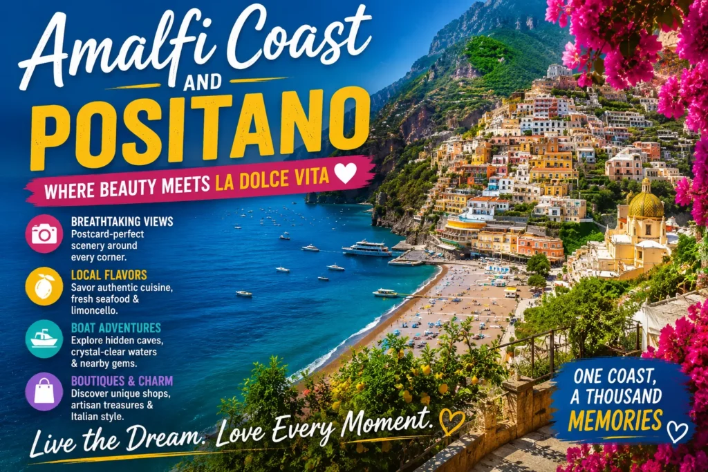 Colorful view of Positano on Italy’s Amalfi Coast with turquoise sea, cliffside homes, beaches, and blooming flowers.