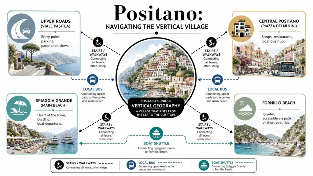 Positano travel guide infographic showing beaches, town center, buses, boat shuttles, stairs, and cliffside navigation.