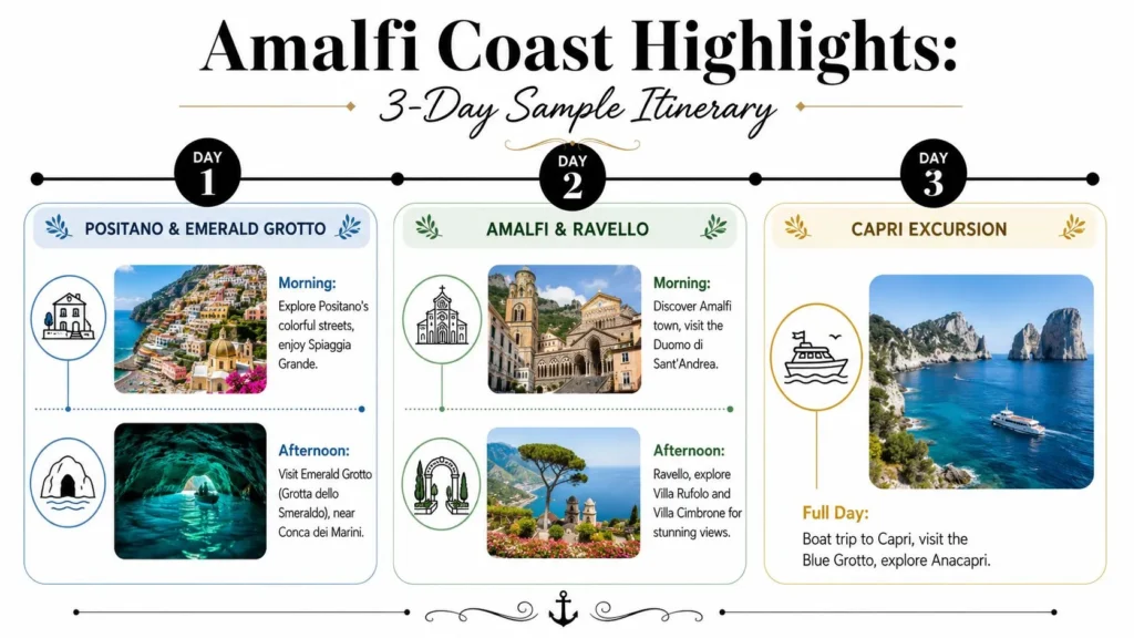 Amalfi Coast 3-day itinerary infographic featuring Positano, Amalfi, Ravello, Capri, Emerald Grotto, and Blue Grotto.
