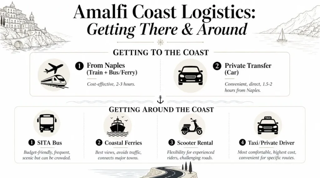 Amalfi Coast transportation infographic showing travel options from Naples and local buses, ferries, scooters, and taxis.