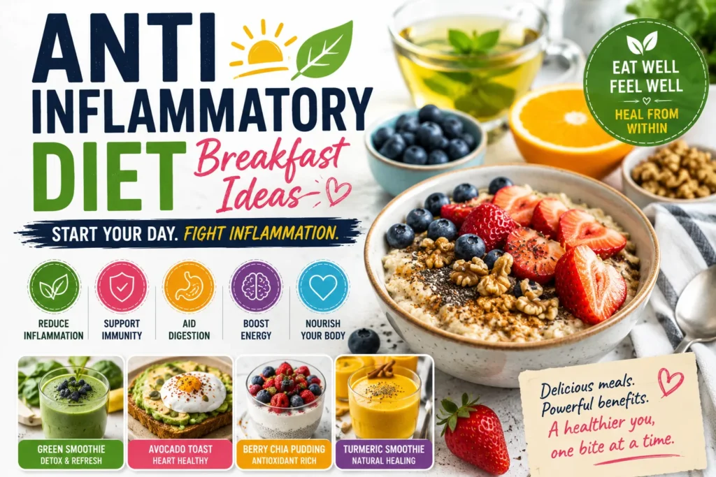 Anti-inflammatory breakfast bowl with berries, nuts, and healthy recipes designed to support wellness and reduce inflammation.