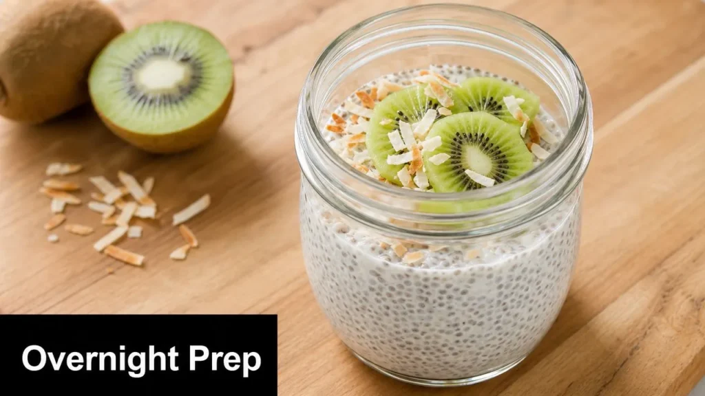 8 Anti Inflammatory Diet Breakfast Ideas for 2026 Overnight chia pudding topped with kiwi slices and coconut flakes in a glass jar on a wooden table.