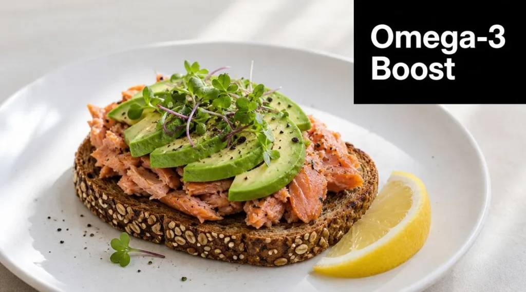 8 Anti Inflammatory Diet Breakfast Ideas for 2026 Omega-3-rich breakfast toast topped with salmon, avocado slices, microgreens, and a lemon wedge on a white plate.