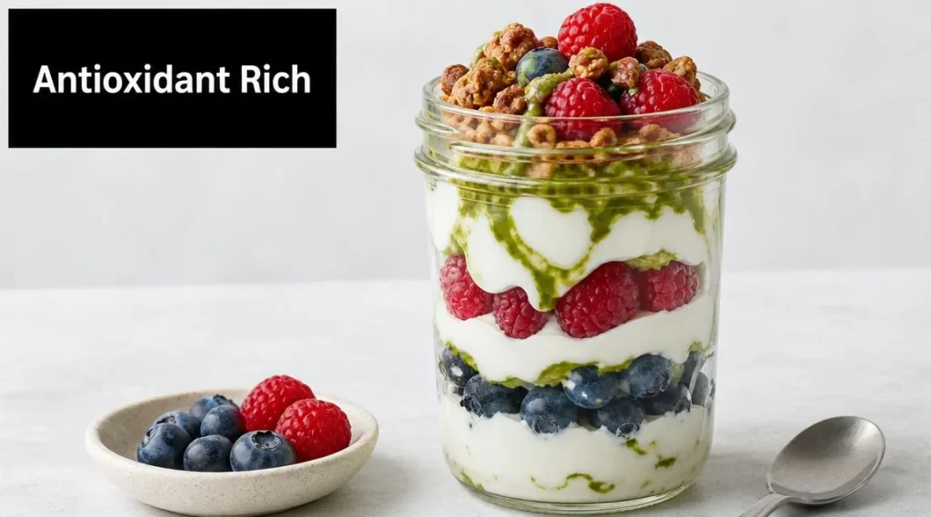 8 Anti Inflammatory Diet Breakfast Ideas for 2026 Antioxidant-rich yogurt parfait layered with blueberries, raspberries, granola, and green sauce in a glass jar.