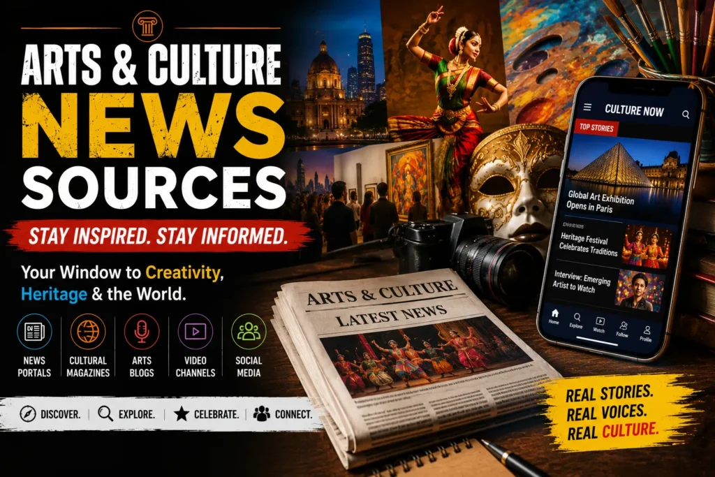 Arts and culture news collage featuring galleries, dance, heritage, painting, photography, and digital media updates.