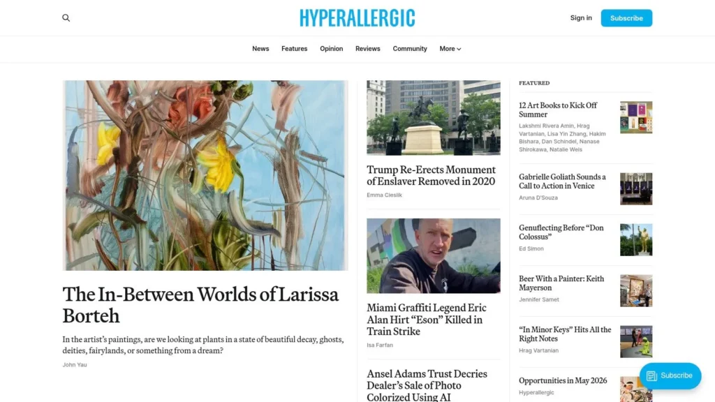 The 7 Best Arts and Culture News Sources of 2026 Hyperallergic arts news homepage featuring contemporary art stories, reviews, opinions, and cultural commentary.