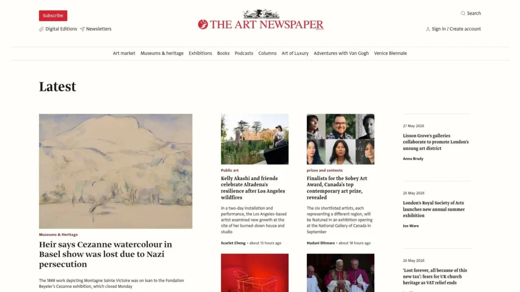 The 7 Best Arts and Culture News Sources of 2026 The Art Newspaper homepage showing latest art news, exhibitions, museum stories, and cultural industry updates.