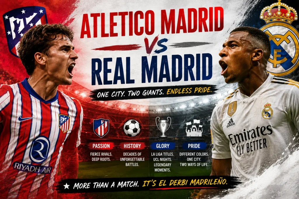Soccer rivalry poster featuring Atlético Madrid and Real Madrid players facing off in a dramatic stadium showdown.