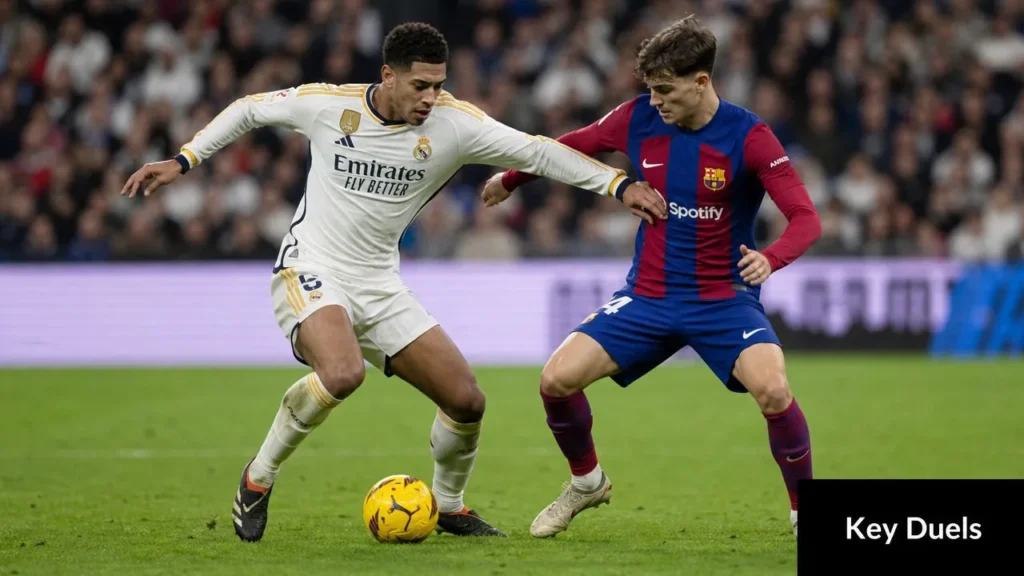 Atletico Madrid vs Real Madrid: 2026 Derby Preview Real Madrid and Barcelona players contest possession during a match, highlighting a key one-on-one midfield duel.
