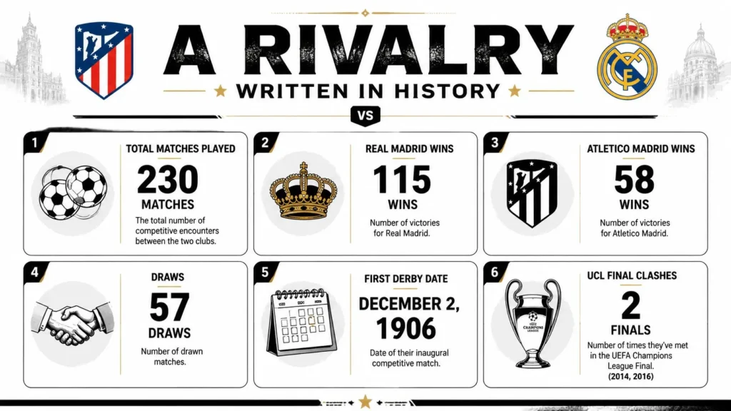 Atletico Madrid vs Real Madrid: 2026 Derby Preview Infographic comparing Atlético Madrid and Real Madrid rivalry statistics, including matches played, wins, draws, and finals.