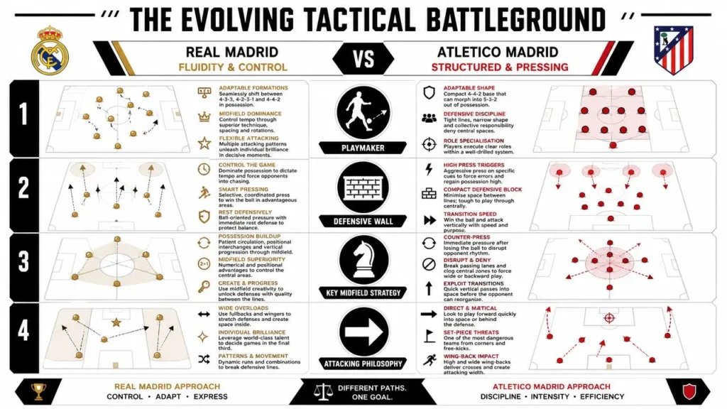 Atletico Madrid vs Real Madrid: 2026 Derby Preview Atlético Madrid vs Real Madrid tactical infographic comparing formations, pressing, midfield control, and attacking styles.