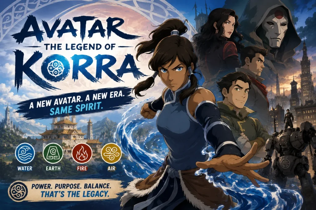 Fantasy heroine wielding water powers before a futuristic cityscape, surrounded by elemental symbols and allies.