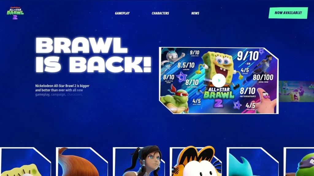 Avatar: The Legend of Korra Games Guide 2026 Nickelodeon All-Star Brawl 2 homepage featuring SpongeBob, Korra, and other characters with gameplay highlights.