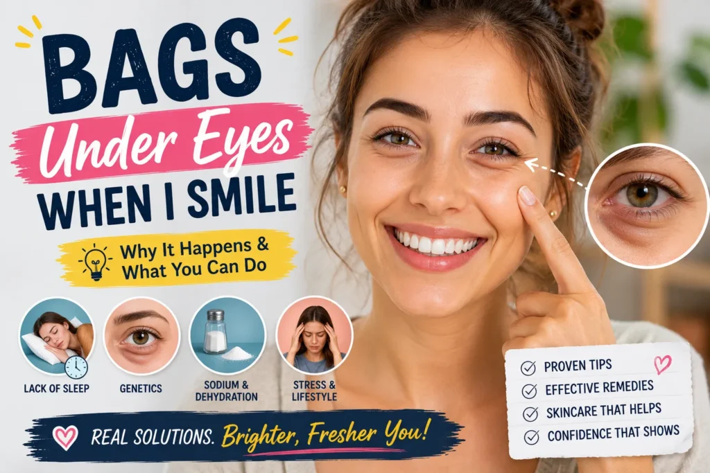 Smiling woman pointing to under-eye bags with skincare tips and common causes like sleep, stress, and dehydration.
