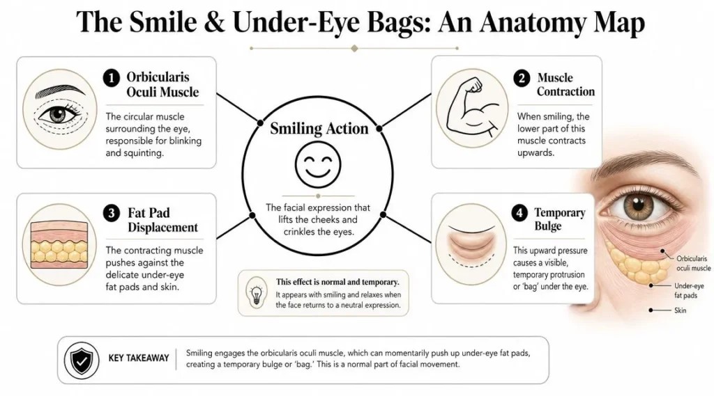 Infographic explaining how smiling can create temporary under-eye bags through muscle contraction and fat pad movement.