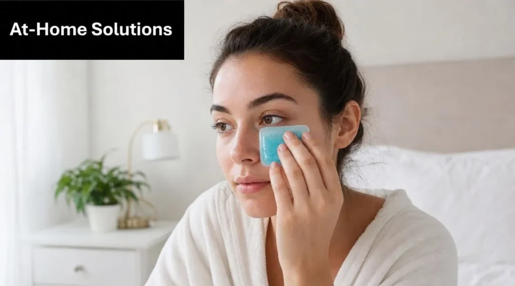 Woman applying a cooling eye compress at home to reduce under-eye puffiness in a bright bedroom setting.