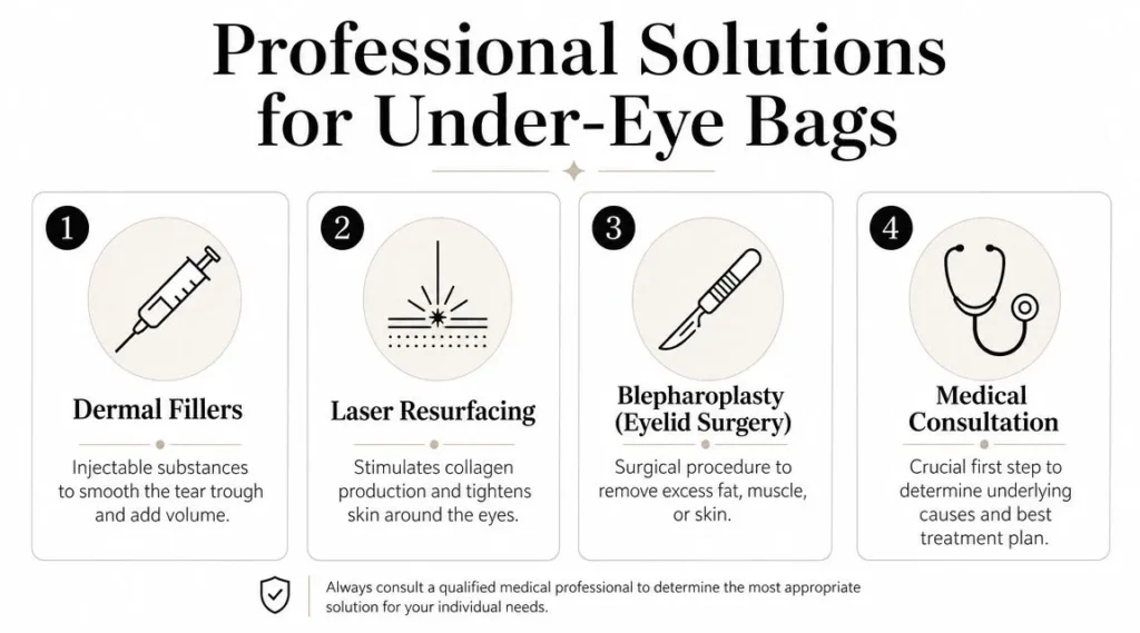 Infographic outlining professional under-eye bag treatments including fillers, laser resurfacing, surgery, and consultation.