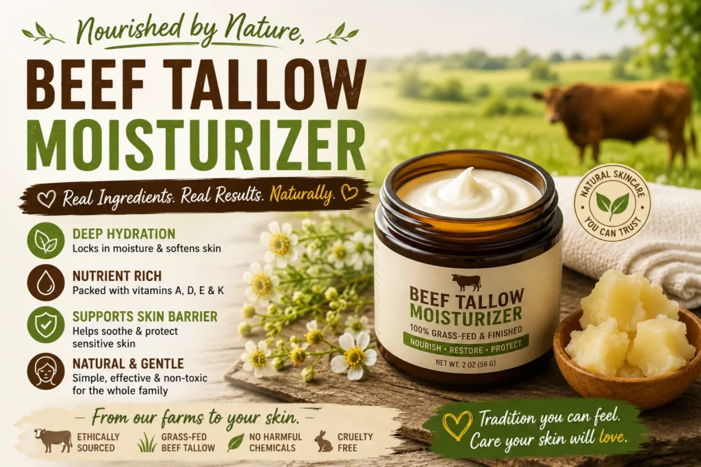 Beef tallow moisturizer jar with natural skincare ingredients, highlighting hydration, nourishment, and skin support.