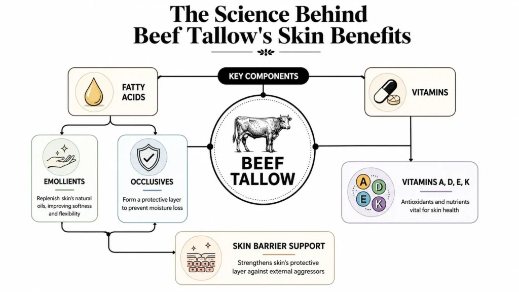 Discover Beef Tallow Moisturizer Benefits for Your Skin Infographic explaining beef tallow skin benefits, highlighting fatty acids, vitamins, moisturization, and skin barrier support.