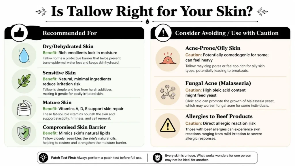 Discover Beef Tallow Moisturizer Benefits for Your Skin Infographic showing who may benefit from beef tallow skincare and who should use it cautiously based on skin type.