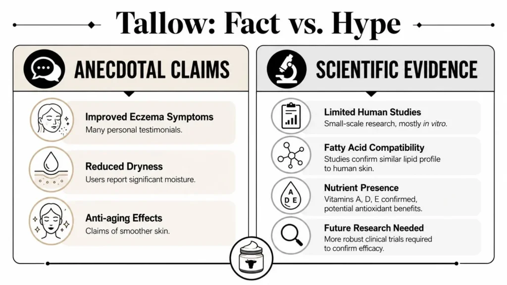 Discover Beef Tallow Moisturizer Benefits for Your Skin Infographic comparing anecdotal claims and scientific evidence for beef tallow skin care benefits and limitations.