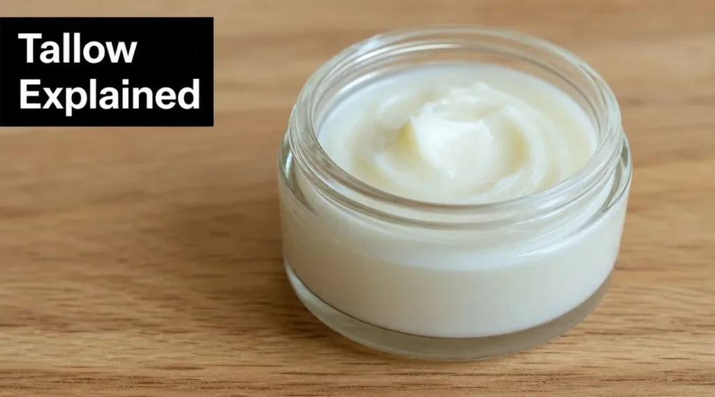 Discover Beef Tallow Moisturizer Benefits for Your Skin Jar of whipped beef tallow moisturizer on a wooden surface with a “Tallow Explained” title banner.