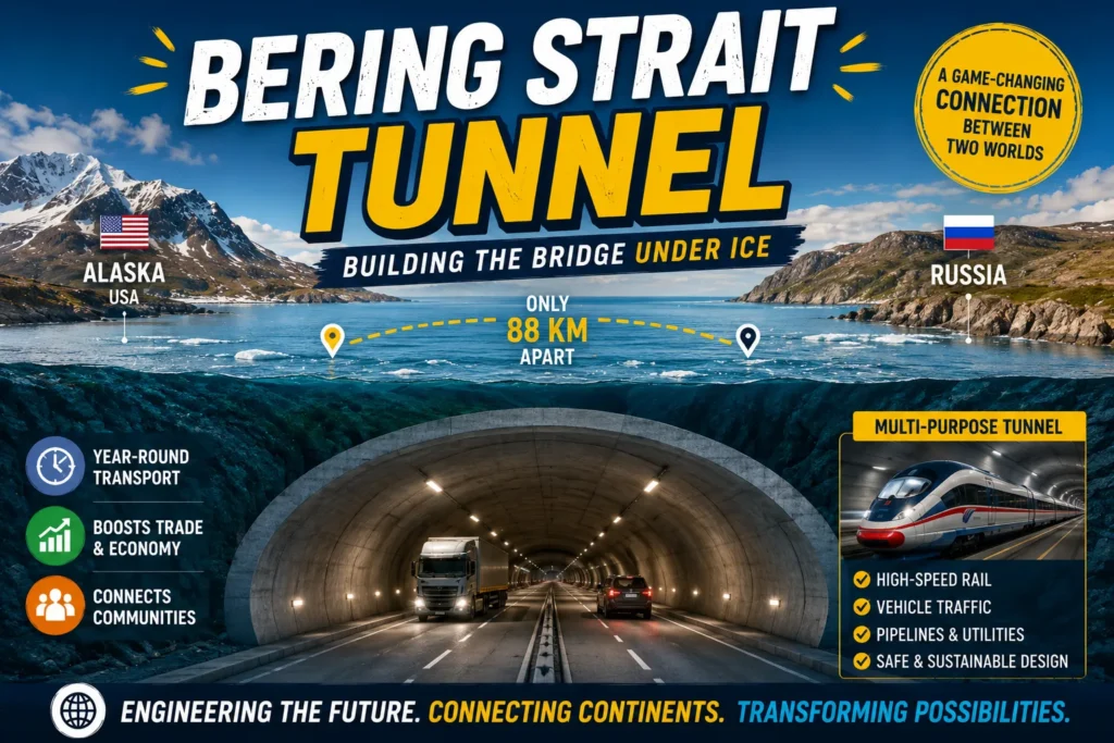 Concept illustration of the Bering Strait Tunnel linking Alaska and Russia with transport, trade, and rail connections.