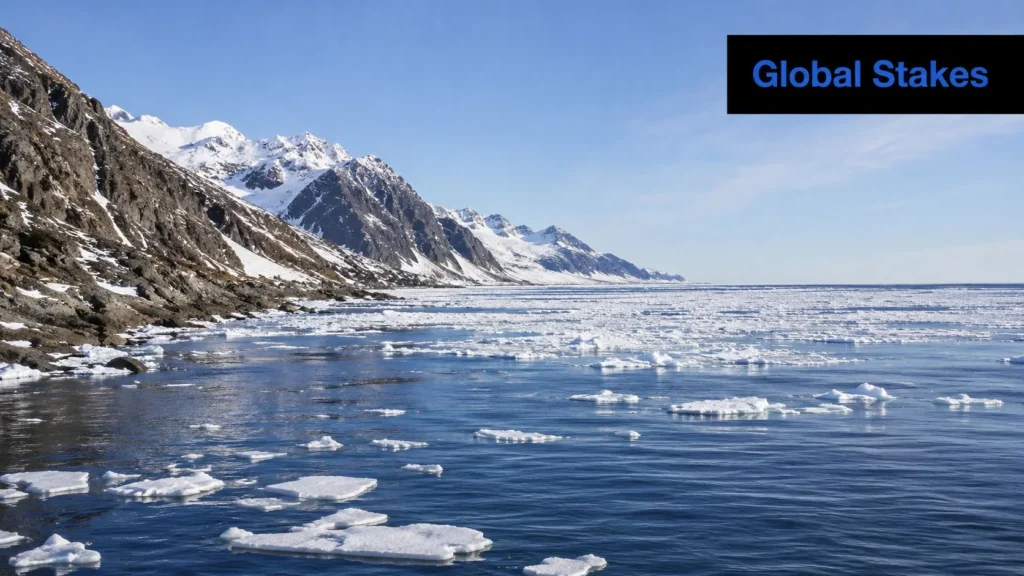 Arctic coastline with snowy mountains, floating sea ice, and icy waters illustrating the Bering Strait region.