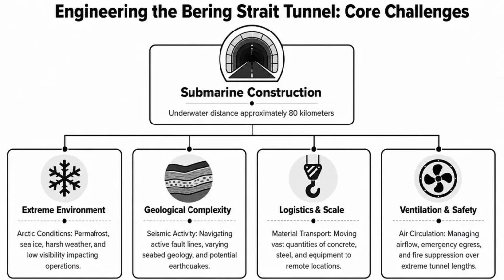 Bering Strait tunnel infographic showing engineering challenges: Arctic conditions, geology, logistics, ventilation, and safety.