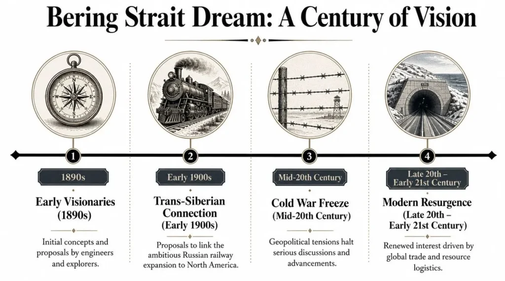 Bering Strait Dream timeline infographic showing proposals, setbacks, and renewed interest in a Russia–North America rail link.