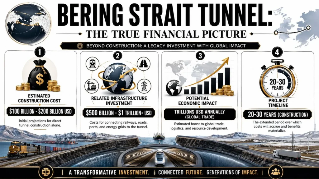 Bering Strait Tunnel infographic showing estimated costs, infrastructure investment, economic impact, and project timeline.