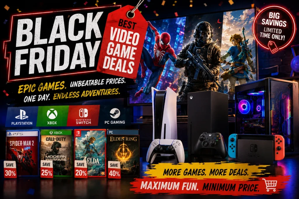 The Best Black Friday Video Game Deals of 2026 Black Friday gaming sale featuring consoles, game deals, discounts, and colorful neon-lit entertainment setup.