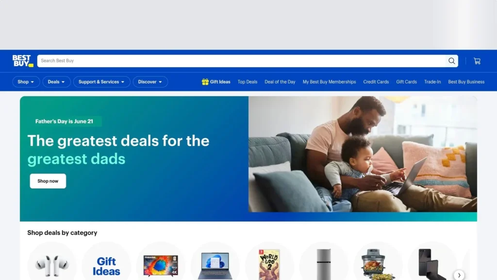 Best Buy homepage showcasing Father's Day deals, product categories, and online shopping navigation menu.