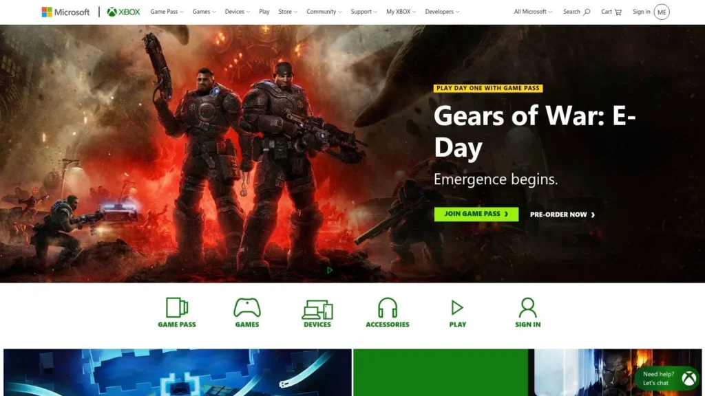 Xbox homepage featuring Gears of War: E-Day — two armored soldiers amid fiery chaos. Play day one with Game Pass.