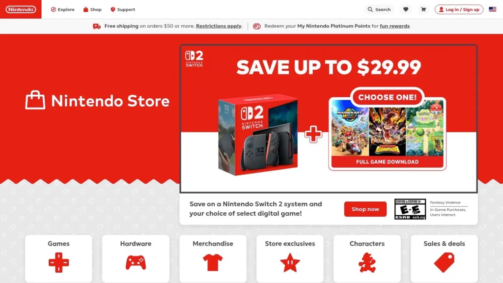 Nintendo Store homepage featuring a Nintendo Switch 2 bundle promotion: save up to $29.99 with a free full game download choice.