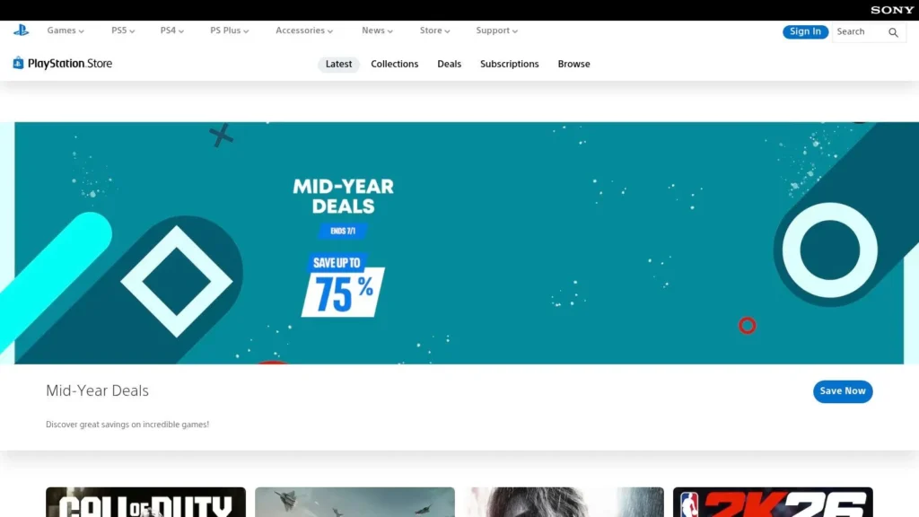 PlayStation Store Mid-Year Deals banner: save up to 75%, ends July 1.