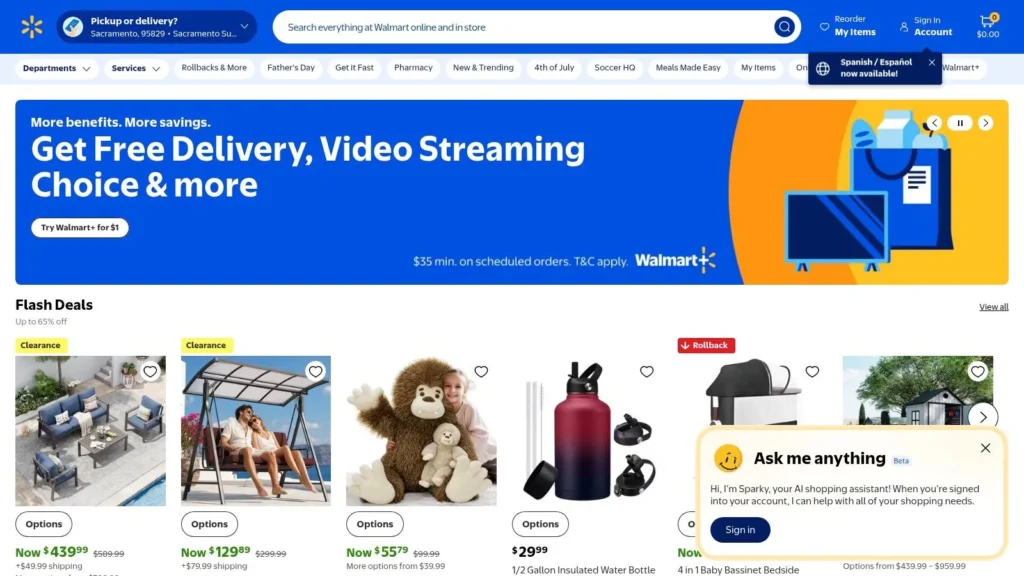 Walmart homepage featuring Walmart+ promotion, flash deals, product listings, and online shopping navigation.