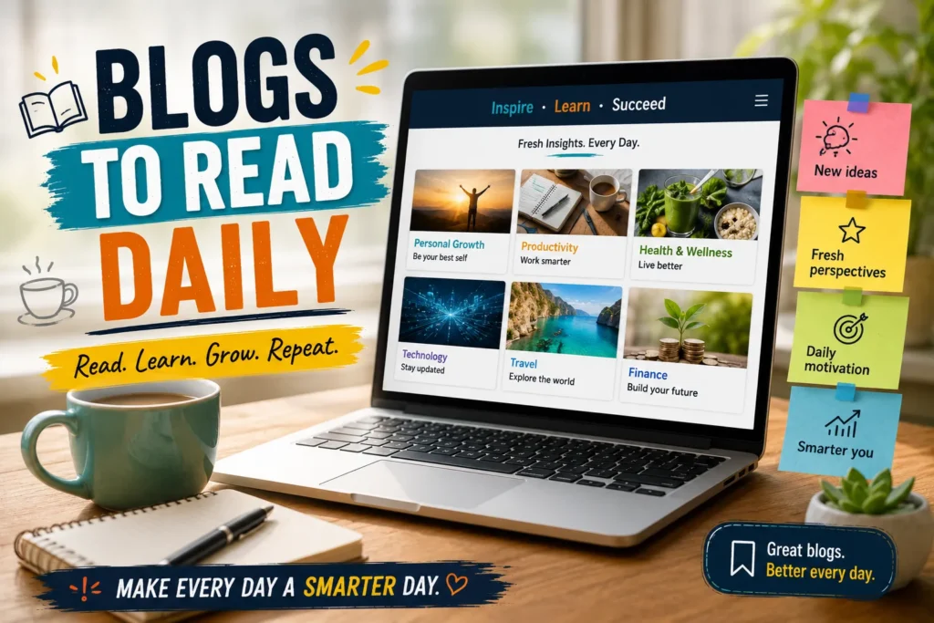 Laptop displaying blog categories on a desk with coffee and notes, promoting blogs to read daily for inspiration.