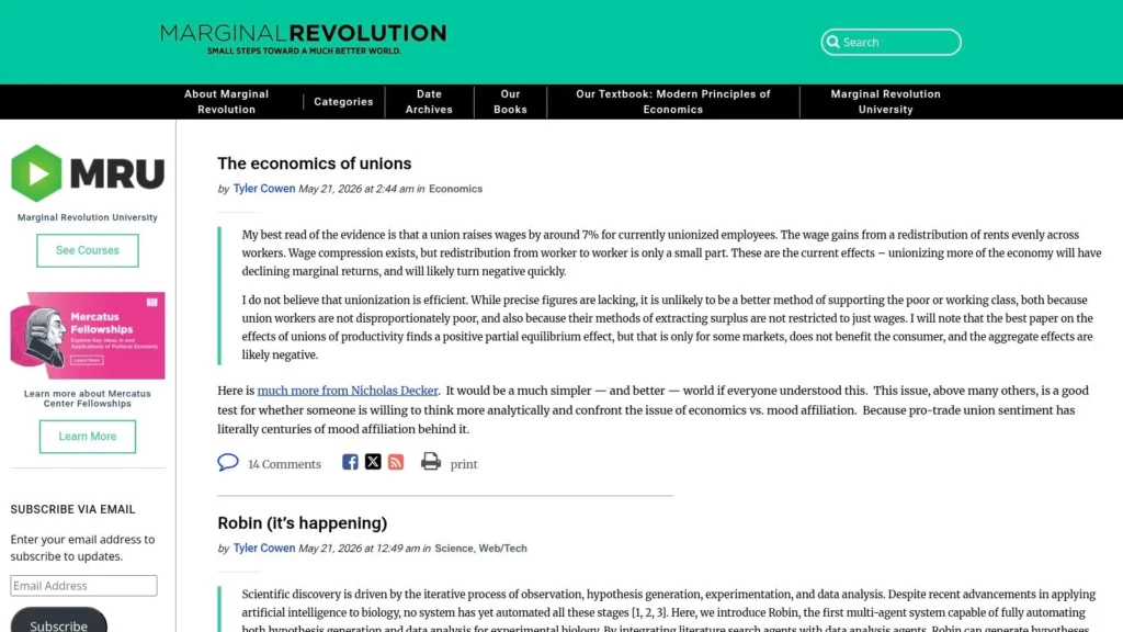 Marginal Revolution blog page featuring economics, technology, and science articles with commentary by Tyler Cowen.