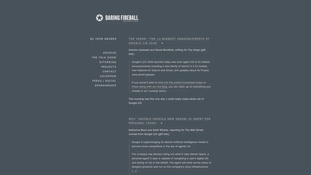 Daring Fireball homepage featuring tech commentary, Google I/O 2026 news links, and a minimalist blog layout.