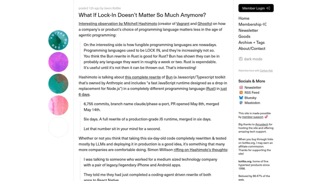 Kottke.org tech blog article discussing AI-assisted programming, software rewrites, and modern development trends.