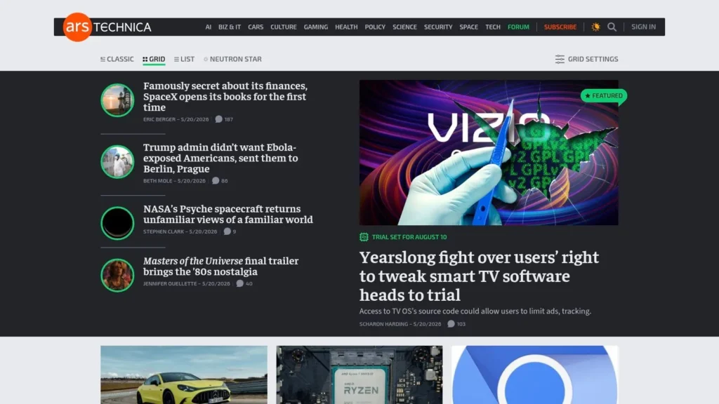 Ars Technica homepage featuring technology, science, AI, space, and software news with highlighted articles.